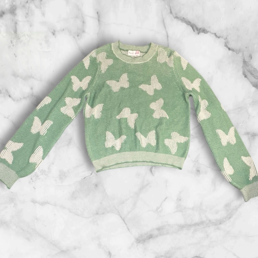 Hazel Moon Sage Green Butterfly Knit Cropped Crewneck Sweater